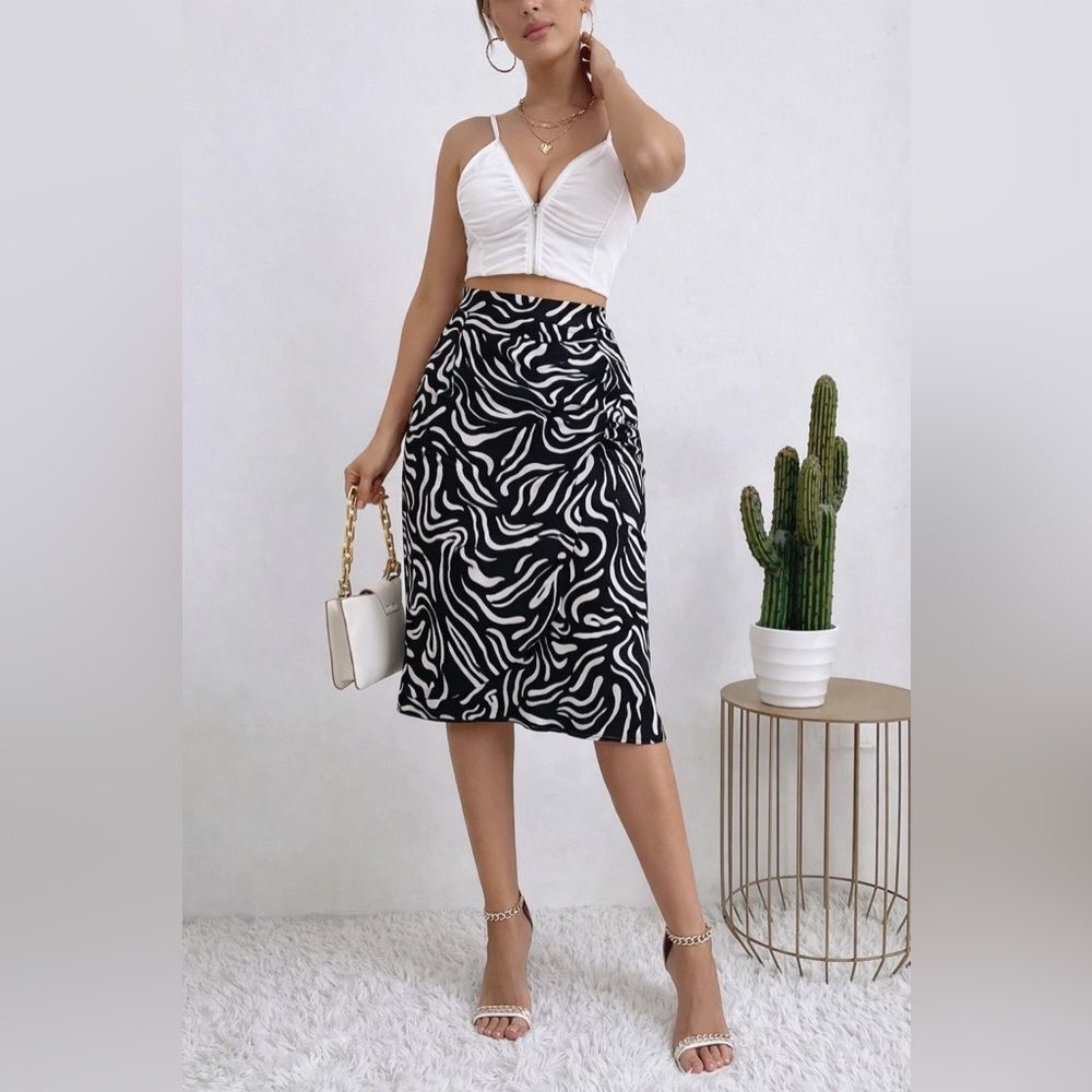 Nine West Side Ruched Midi Skirt Zebra Print Side Zipper Pencil Unlined Size XL